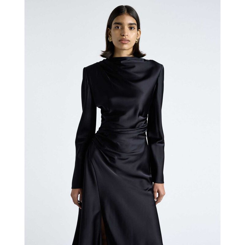 Cue Dark Ink Matte Satin Viscose Gathered Midi Dress image number 3